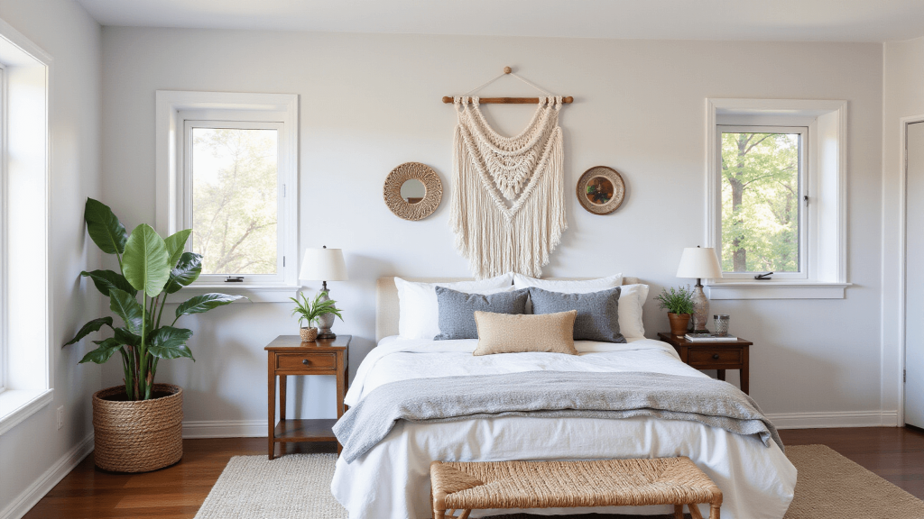 "Sunlit boho-style grey bedroom with macrame wall hanging, textured linens, Monstera plant, rattan accents, and vintage mirrors."