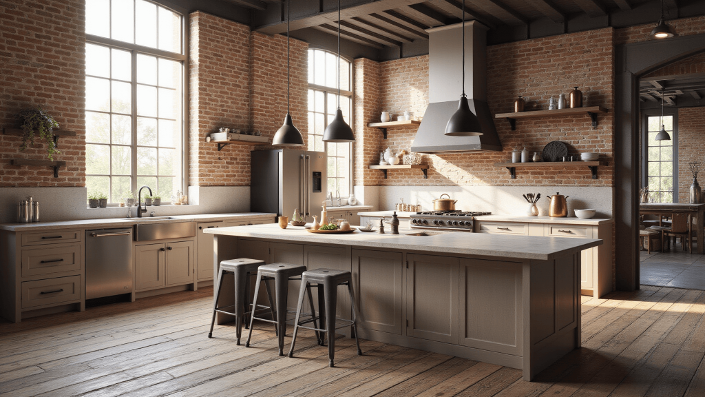 "Industrial-style farmhouse kitchen with exposed brick walls, reclaimed wood floors, steel beams, vintage fixtures and a neutral color palette lit up by morning sunlight"