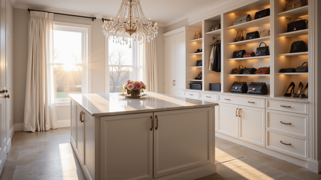 "Luxurious walk-in closet with white cabinetry, marble center island, crystal chandelier, and designer items during golden hour"