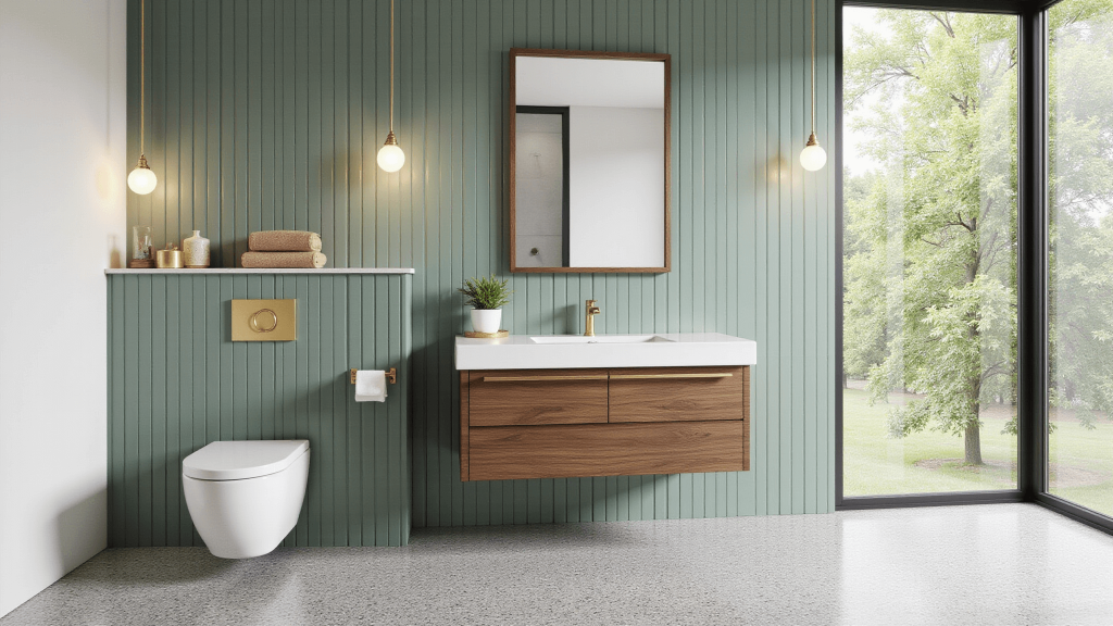 "Modern bathroom with sage green tiles, walnut vanity, brass fixtures, terrazzo floor, and morning sunlight pouring through a frosted window"