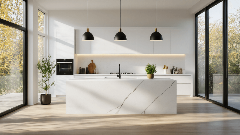 "Contemporary minimalist kitchen with white cabinets, quartz island, and sunlit interior"