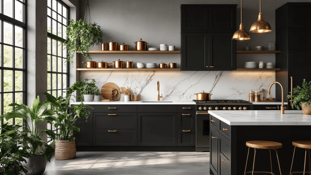 "Modern black kitchen with matte cabinets, white marble countertops, brass hardware, pendant lights, and open shelving, bathed in morning light"