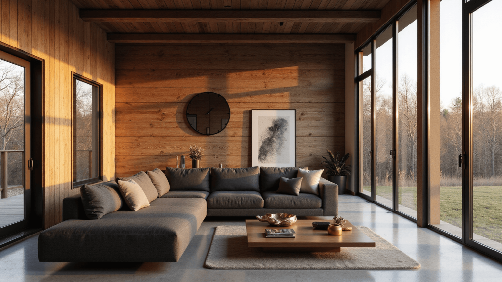 "Modern cabin living room with warm lighting, featuring barnwood walls, polished concrete floors, charcoal sectional sofa, and floor-to-ceiling windows during golden hour"