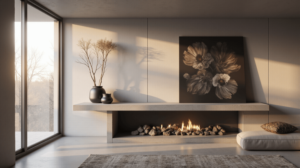 "Modern minimalist living room with floating concrete mantle, black ceramic vessels, abstract art, and golden hour lighting through floor-to-ceiling windows"