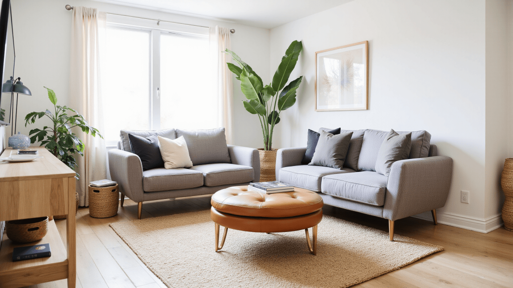 "Modern living room with curved gray sectional, cognac leather ottoman, brass accents and sunlight highlighting white walls"