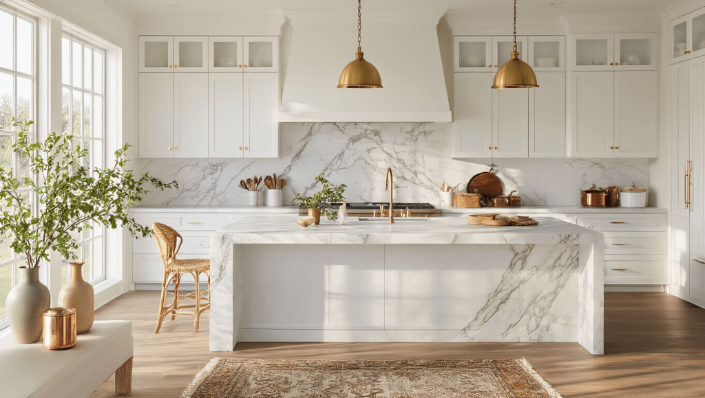 "Modern farmhouse kitchen with white shaker cabinets, marble waterfall island, brass pendants and vintage runner in golden hour lighting"