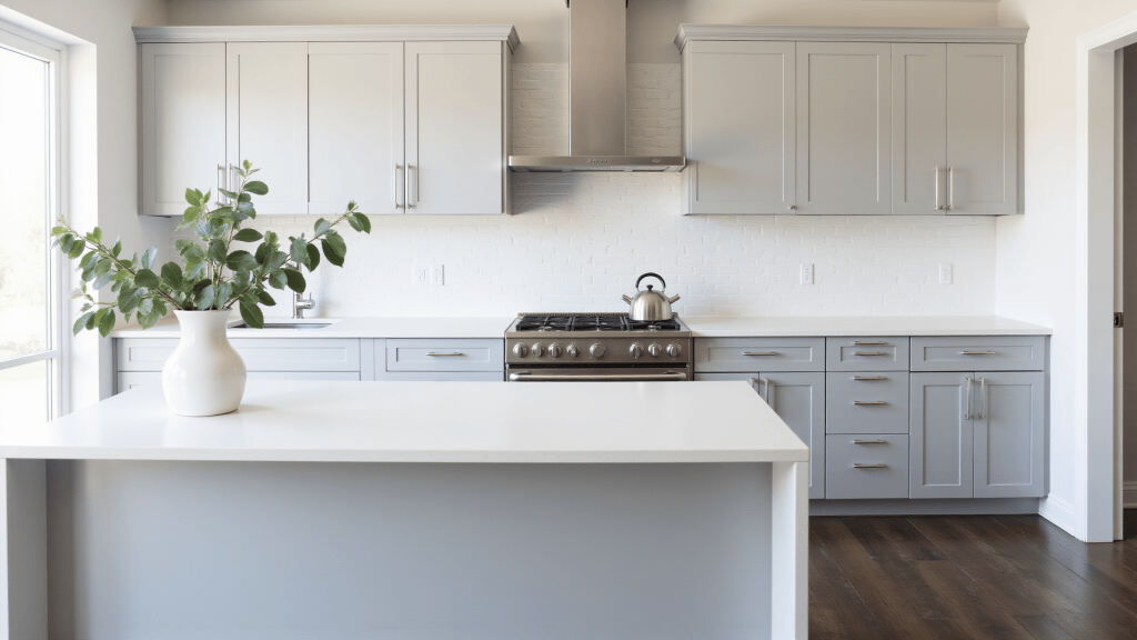 "Modern minimalist kitchen with gray cabinets, white quartz countertops, and stainless steel appliances in soft natural light"