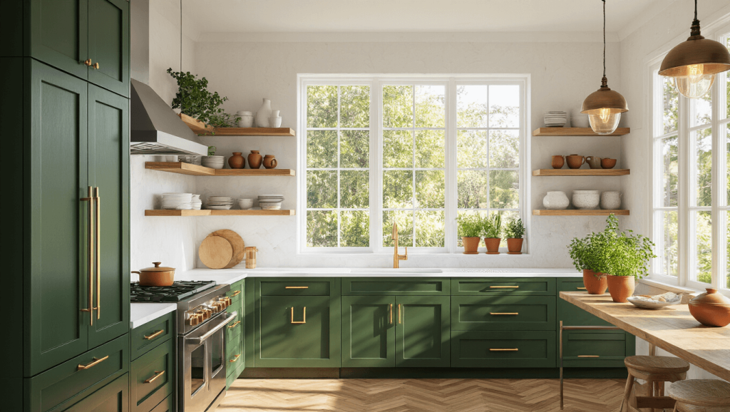 "Modern kitchen interior with forest green cabinets, brass hardware, floating shelves holding ceramics, white quartz countertops, and natural light illuminating the room."