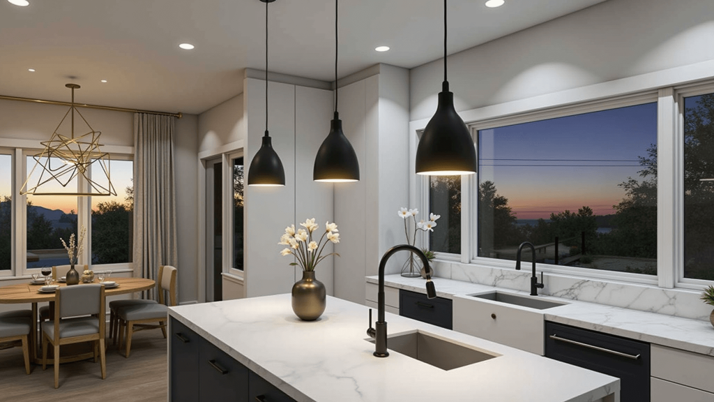 "Contemporary kitchen at dusk with layered lighting, quartz island, under-cabinet LEDs, and sputnik chandelier"