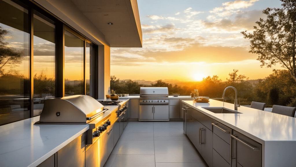 "Modern outdoor kitchen with stainless steel appliances, white quartz countertops, and glass panels during sunset."