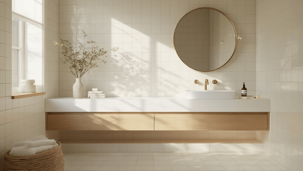 "Minimalist bathroom with white oak vanity, zellige tile walls, and round brass mirror in bright morning light"