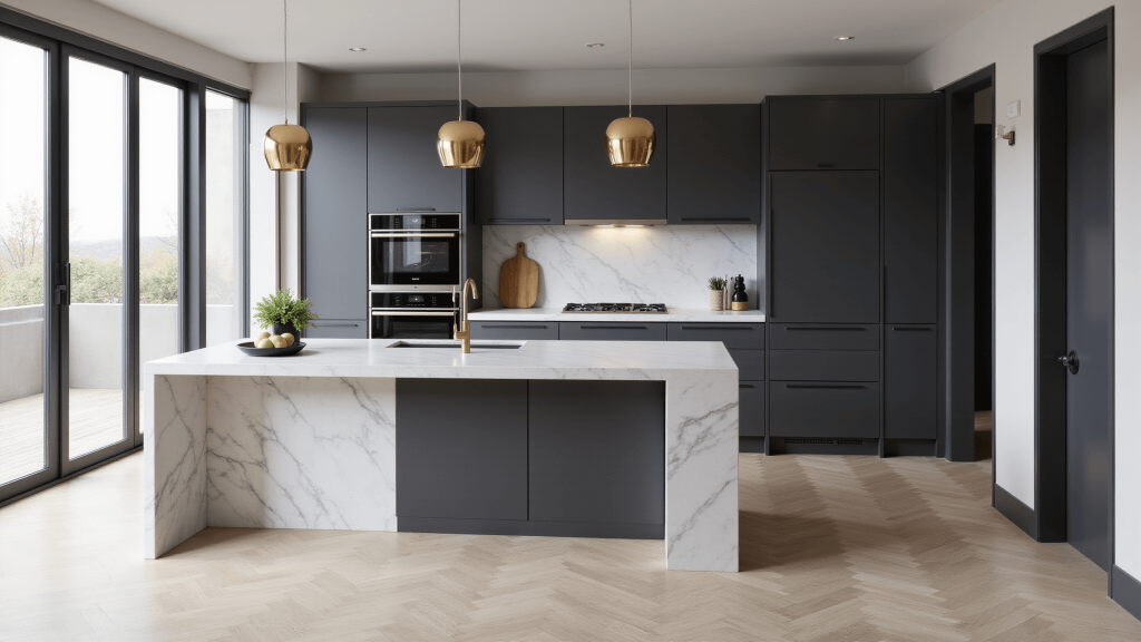 "Modern kitchen with marble island, smart appliances, brass fixtures, and natural light shining through floor-to-ceiling windows on white oak floors"