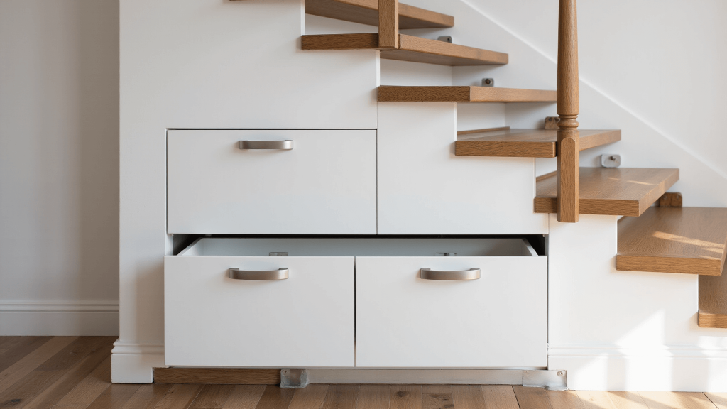 "Modern staircase with white built-in storage drawers under floating oak steps"