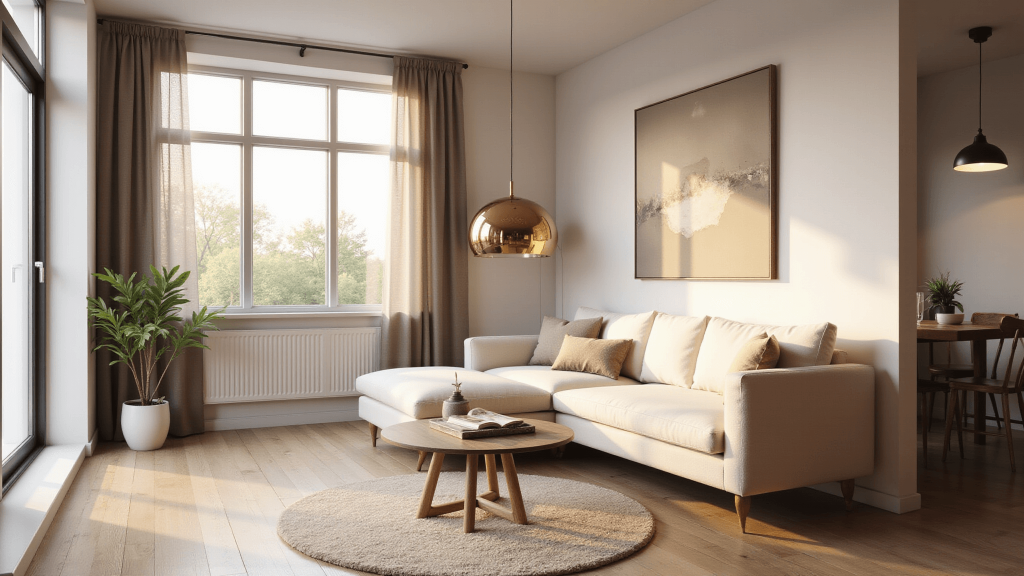 "Sunlit minimalist living room with a cream sectional sofa, floor-to-ceiling windows, oak hardwood floors, brass pendant light, and abstract wall art in taupe and cream tones"