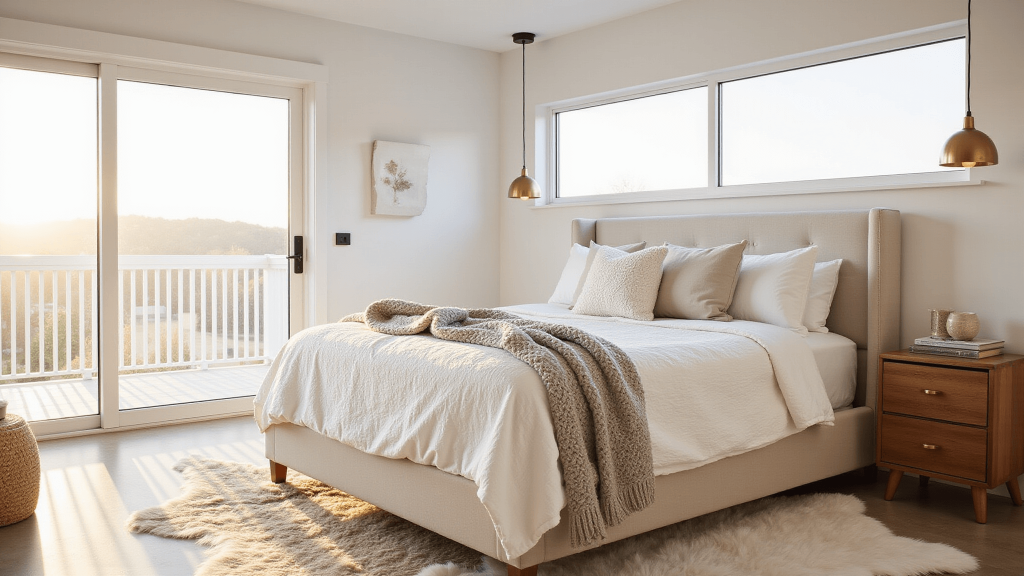"Minimalist white bedroom with golden sunlight coming through floor-to-ceiling windows, highlighting a plush bed with a knit throw blanket, sheepskin rug, brass pendant lights, and warm wood accents"