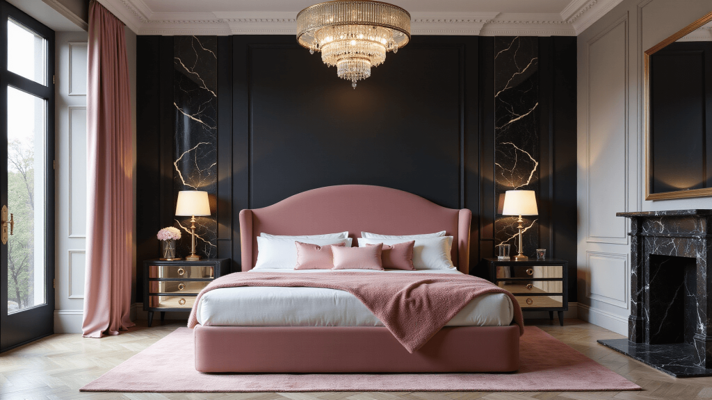 "Elegant pink and black bedroom with velvet headboard, marble fireplace, crystal chandelier, and morning light"