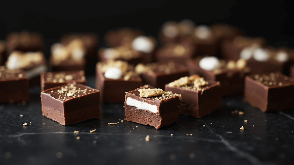 "Rocky Road Fudge squares with chocolate, marshmallows, nuts and gold leaf garnish on a dark marble surface under moody lighting"