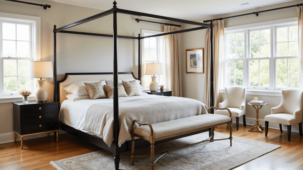 "Transitional bedroom with four-poster bed, brass accents and vintage Persian rug in soft morning light"