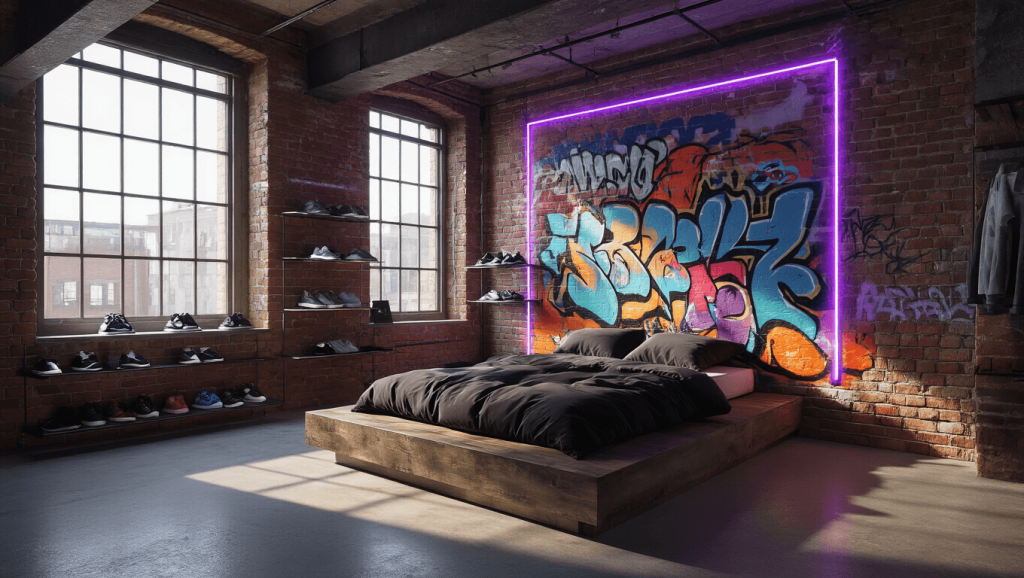 "Modern urban loft bedroom with graffiti mural, exposed brick walls, steel beams, platform bed, sneaker display on metal shelves and purple-blue neon accent lighting, bathed in warm natural light."