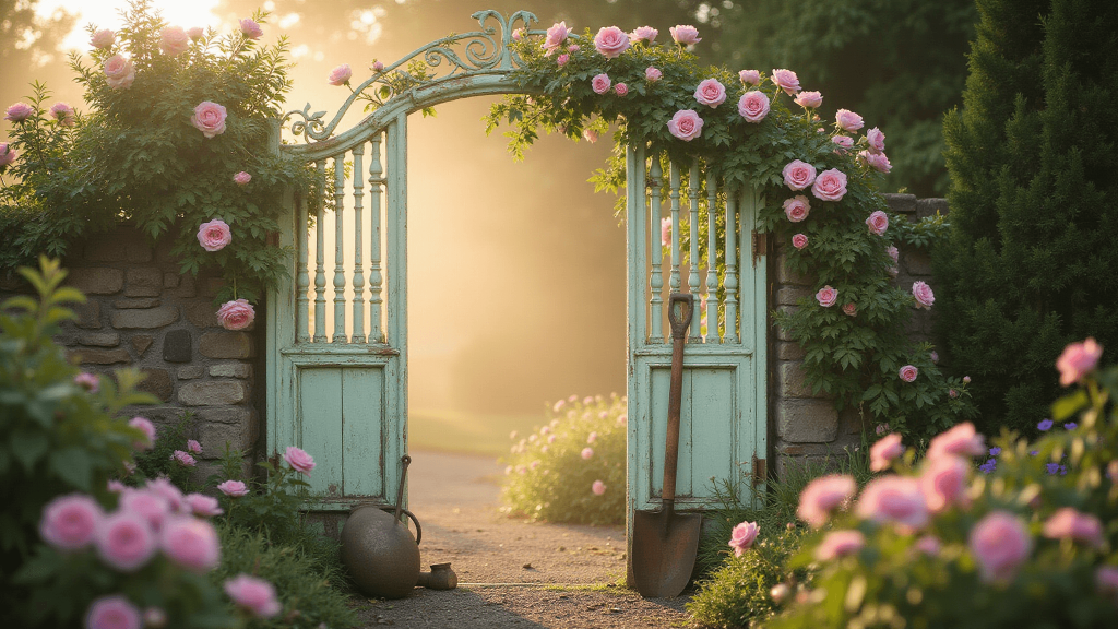 "Vintage mint-green wrought iron gate adorned with pink roses in a sunlit misty cottage garden"