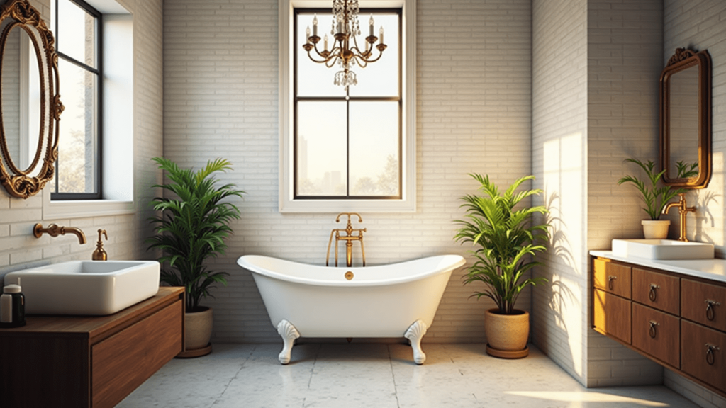 "Vintage modern bathroom with white clawfoot tub, marble subway tiles, brass fixtures, walnut vanity and potted plants under soft, warm lighting"