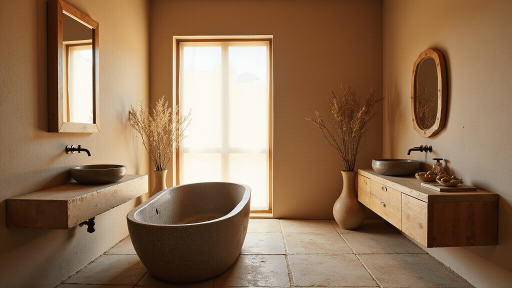 "Japanese-inspired bathroom with stone tub, clay walls, teak vanity, natural stone tiles, botanical decoration, and soft golden lighting"