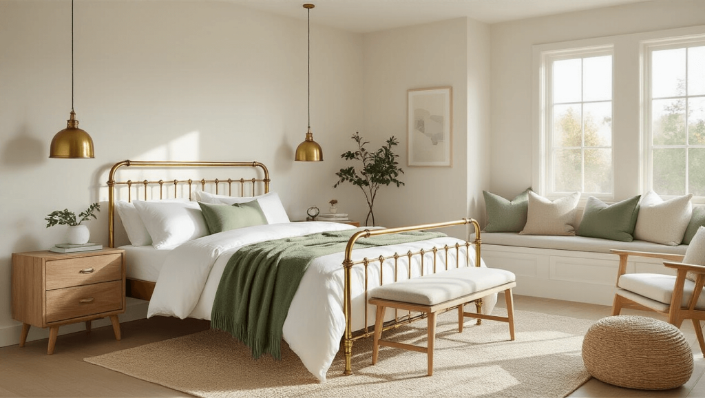 "Sunny guest bedroom with vintage brass bed, white linens, sage green throws and natural wood reading nook with clean, modern decor"