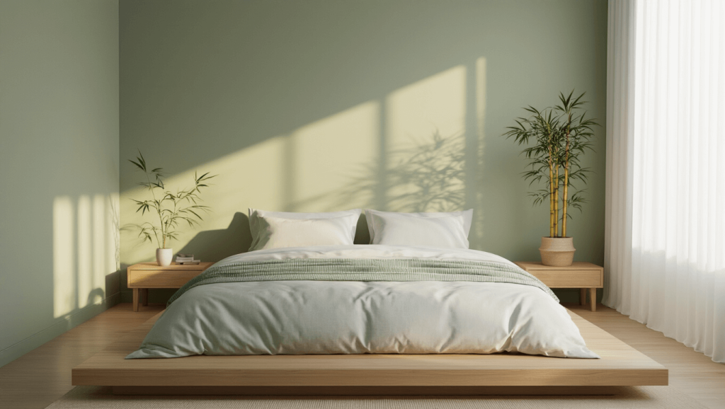"Tranquil minimalist zen bedroom with wooden platform bed, sage green accent wall, and soft natural light filtering through sheer white curtains"