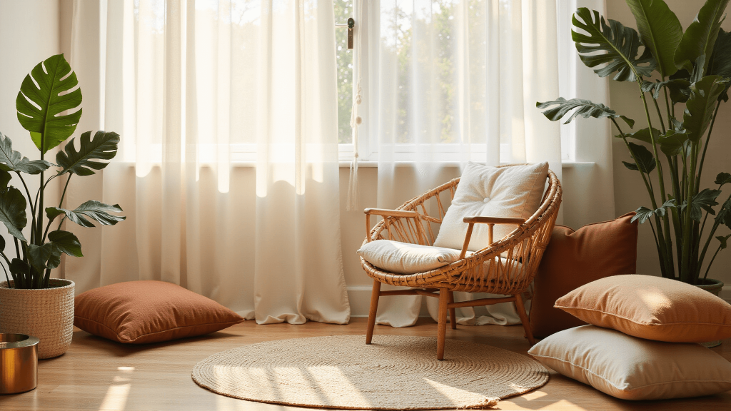 "Serene meditation space with rattan chair, layered cushions, fiddle leaf fig plant and warm earth tones bathed in natural light."
