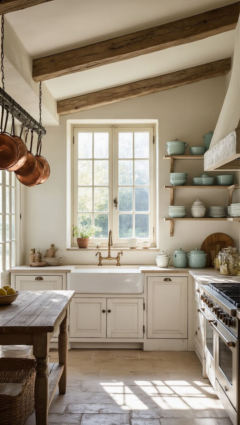 Sunlit French farmhouse kitchen with exposed beams, distressed white cabinets, copper pots, vintage enamelware, and a large limestone sink beneath mullioned windows.