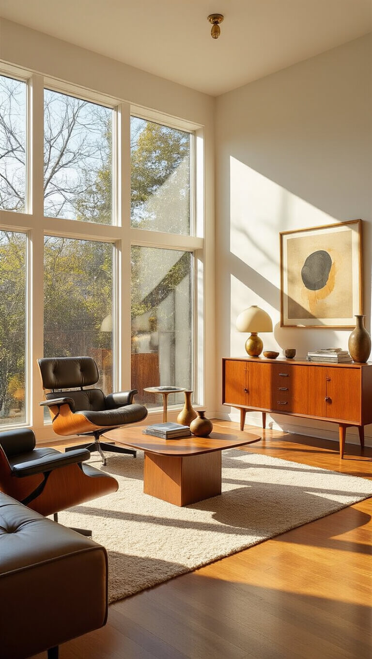 Mid-century modern living room with Noguchi coffee table, Eames lounge chair, Danish teak credenza, and floor-to-ceiling west-facing windows lit by golden hour sunlight.