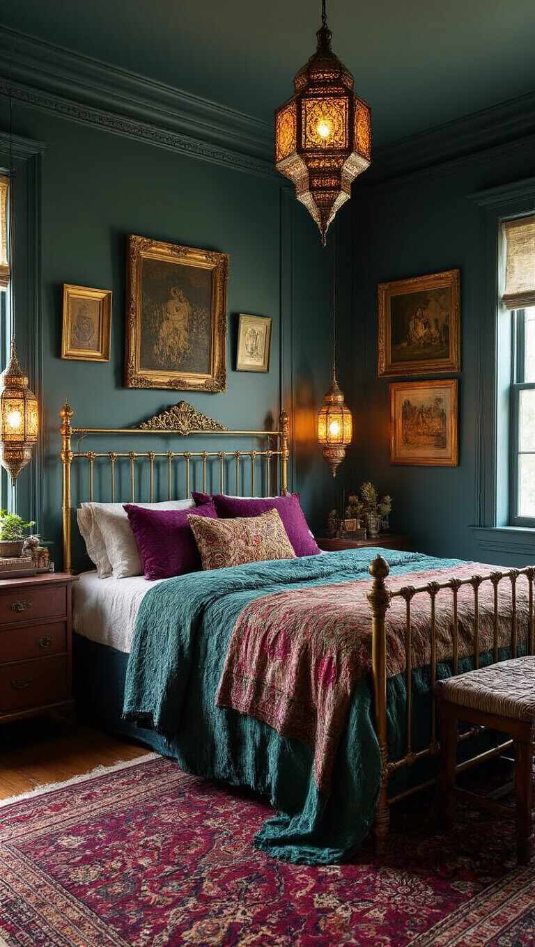 Bohemian vintage bedroom with ornate brass bed, layered textiles, and moody Moroccan lantern lighting casting shadows.
