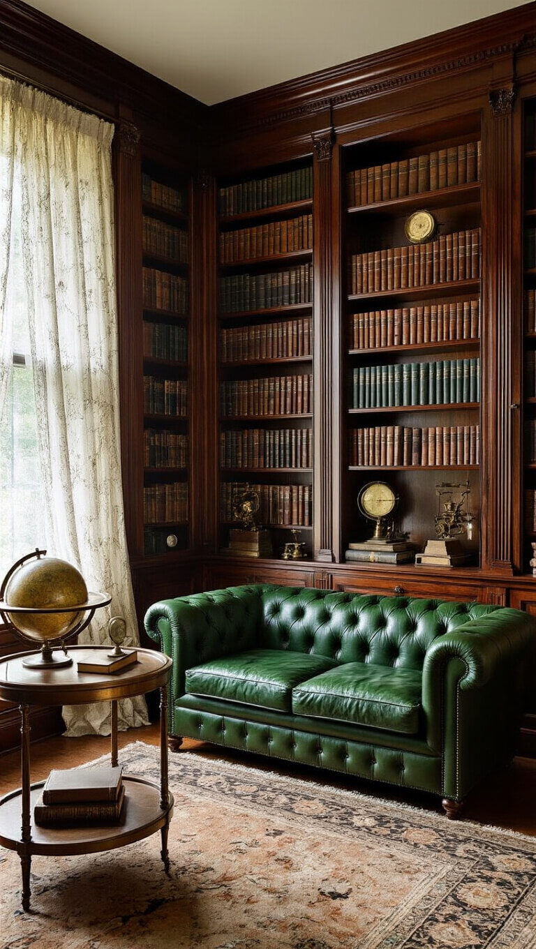 Vintage study with mahogany bookshelves, emerald Chesterfield sofa, antique globe bar cart, and afternoon light filtering through lace curtains.