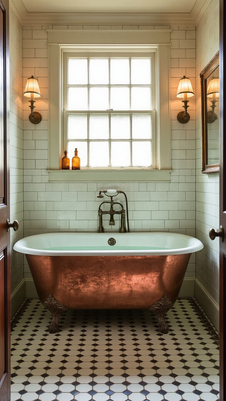 Antique bathroom with copper claw-foot tub, 1920s hex tile floor, brass fixtures, and vintage decor in soft natural and warm lighting.