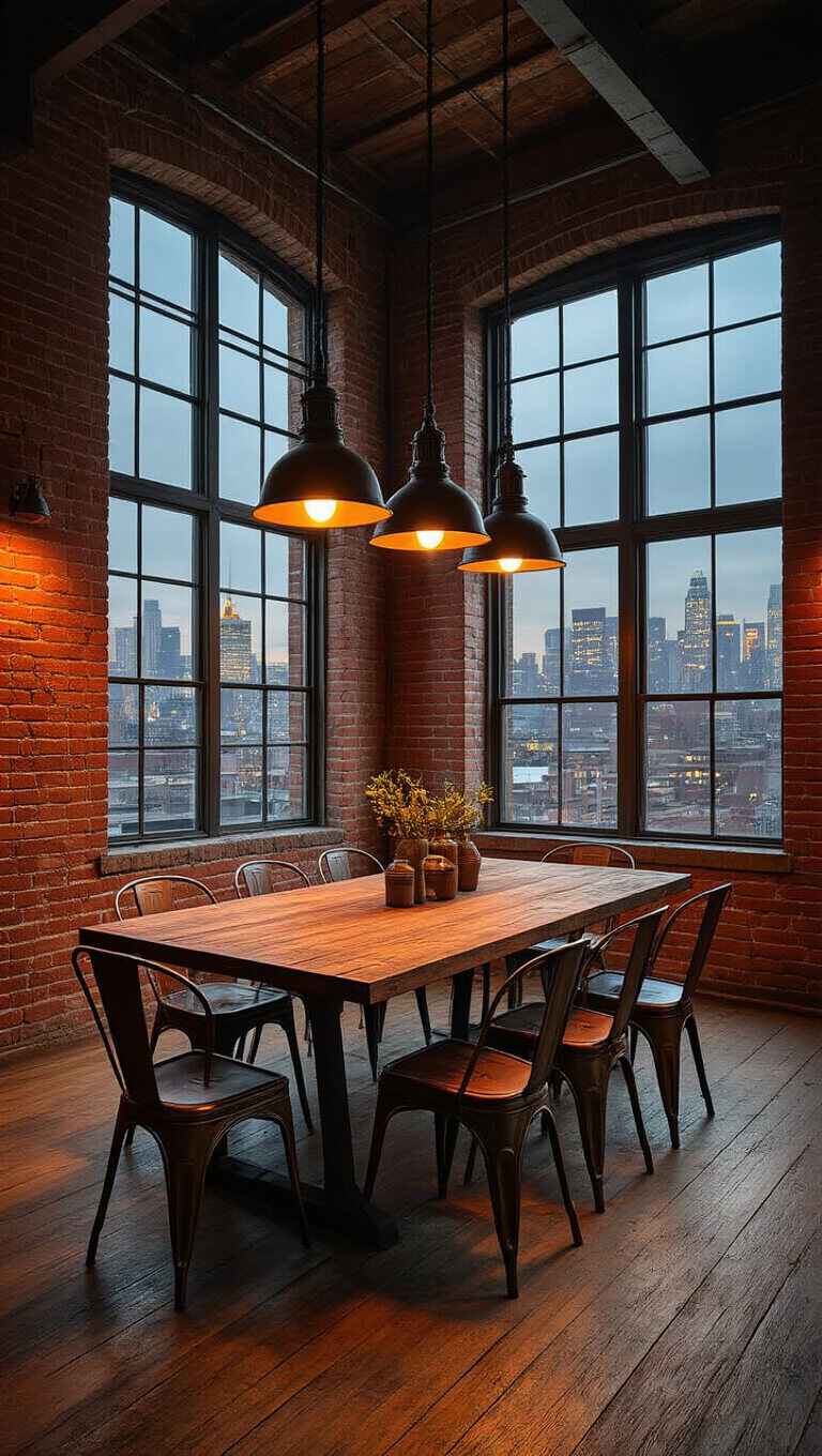 Vintage industrial dining room with exposed brick walls, salvaged wood table, mismatched chairs, and factory lights in moody evening lighting.