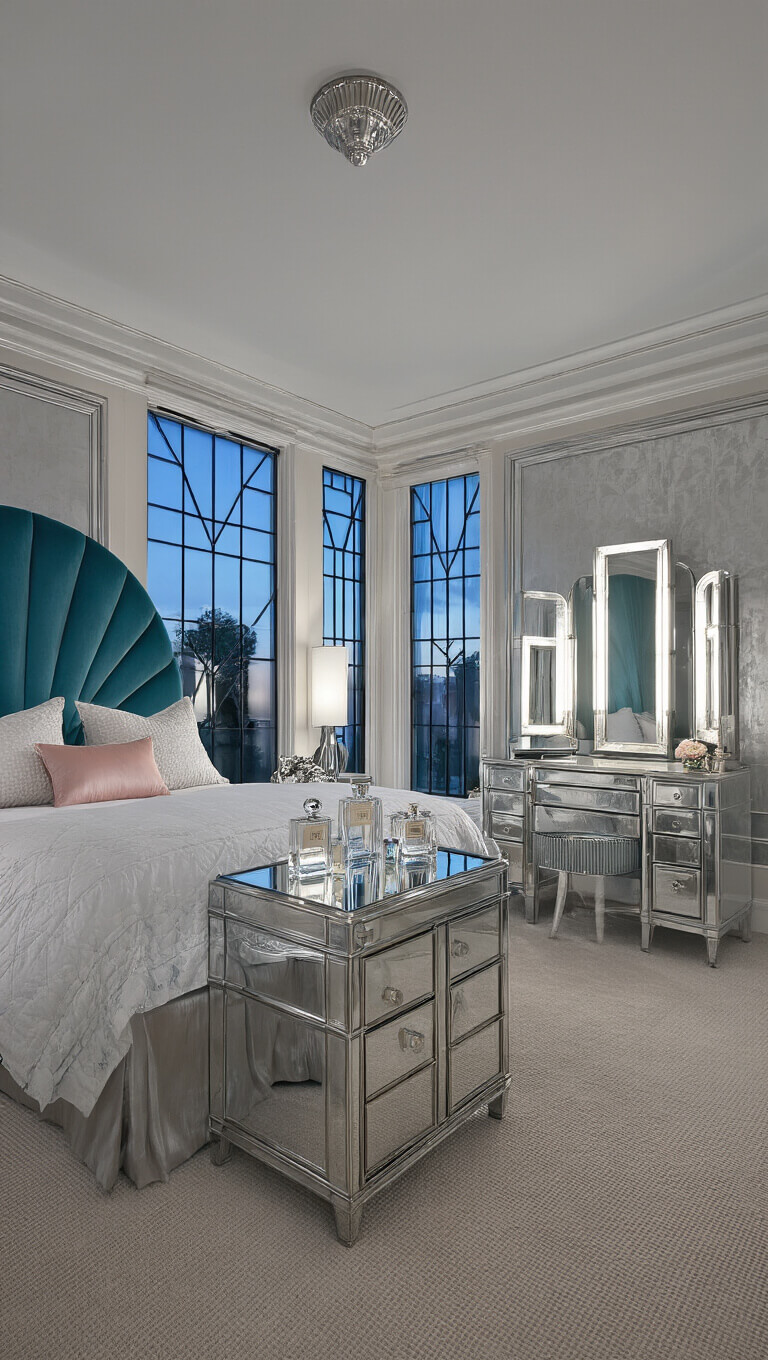 Art Deco master suite with velvet headboard, silver-leaf accent wall, and chrome fixtures under stepped ceiling at twilight.