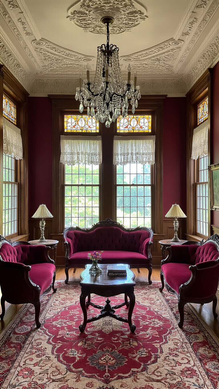 Victorian parlor with burgundy velvet settee, mahogany tables, and crystal chandelier in afternoon stained glass light.