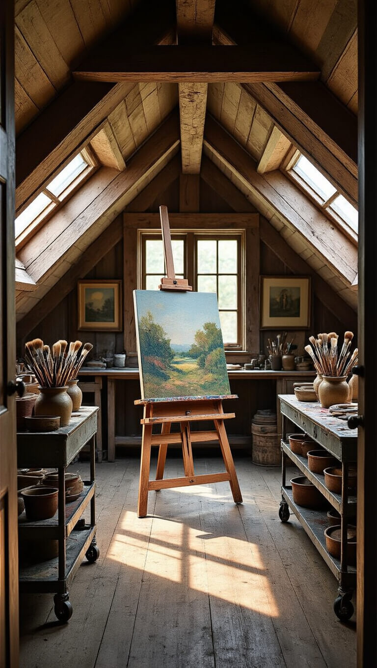 Sunlit vintage artist's attic studio with exposed beams, easel, antique brush crocks, and industrial cart, viewed from stairway entrance.