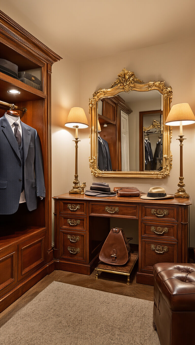 Close-up of a sophisticated gentleman's dressing room with mahogany wardrobes, vintage valet stand, aged leather accessories, and a baroque mirror under warm, moody lighting.