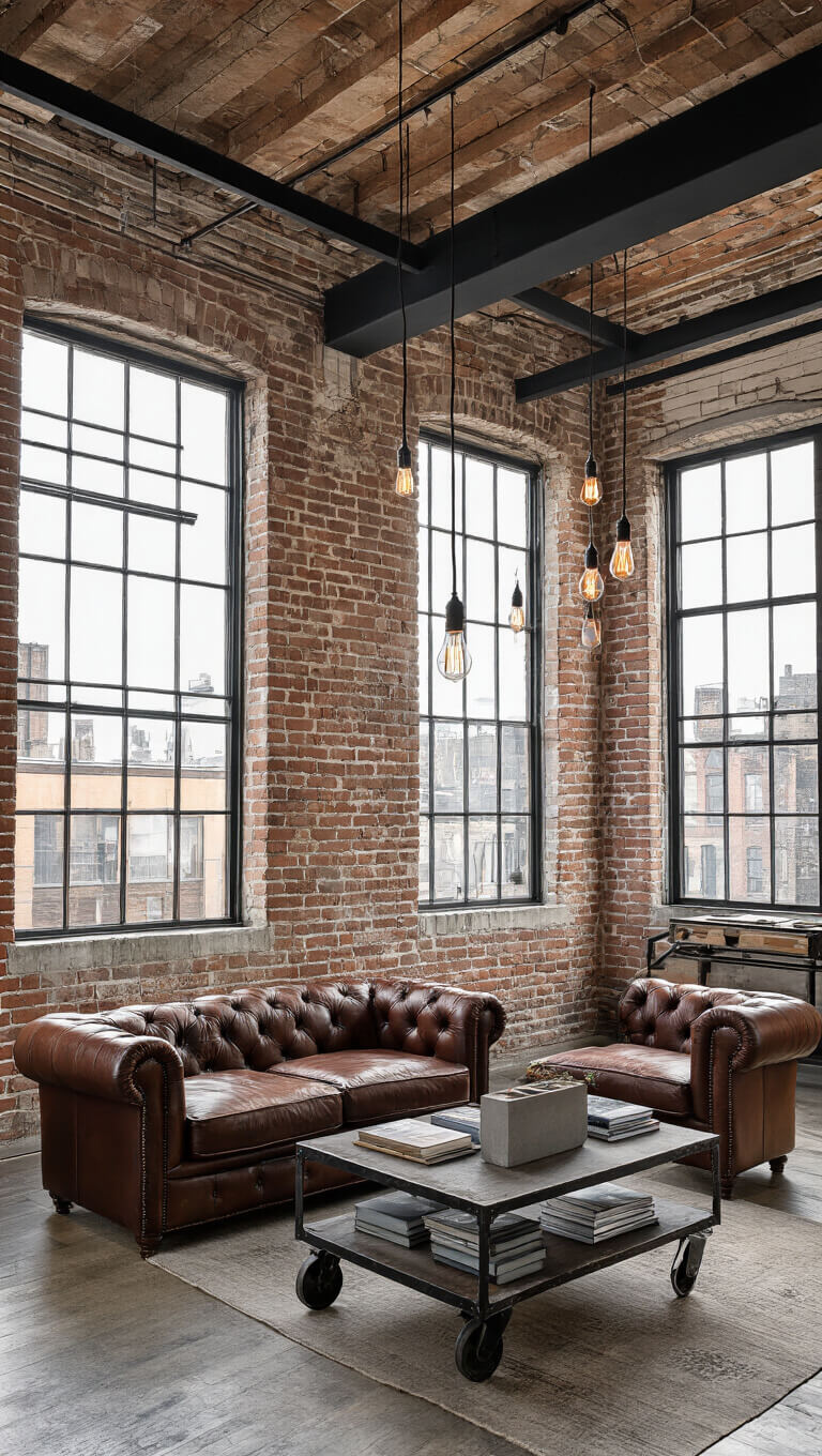 Industrial loft living room with exposed brick walls, leather Chesterfield sofa, steel beams, factory windows, and vintage decor in early afternoon sunlight.