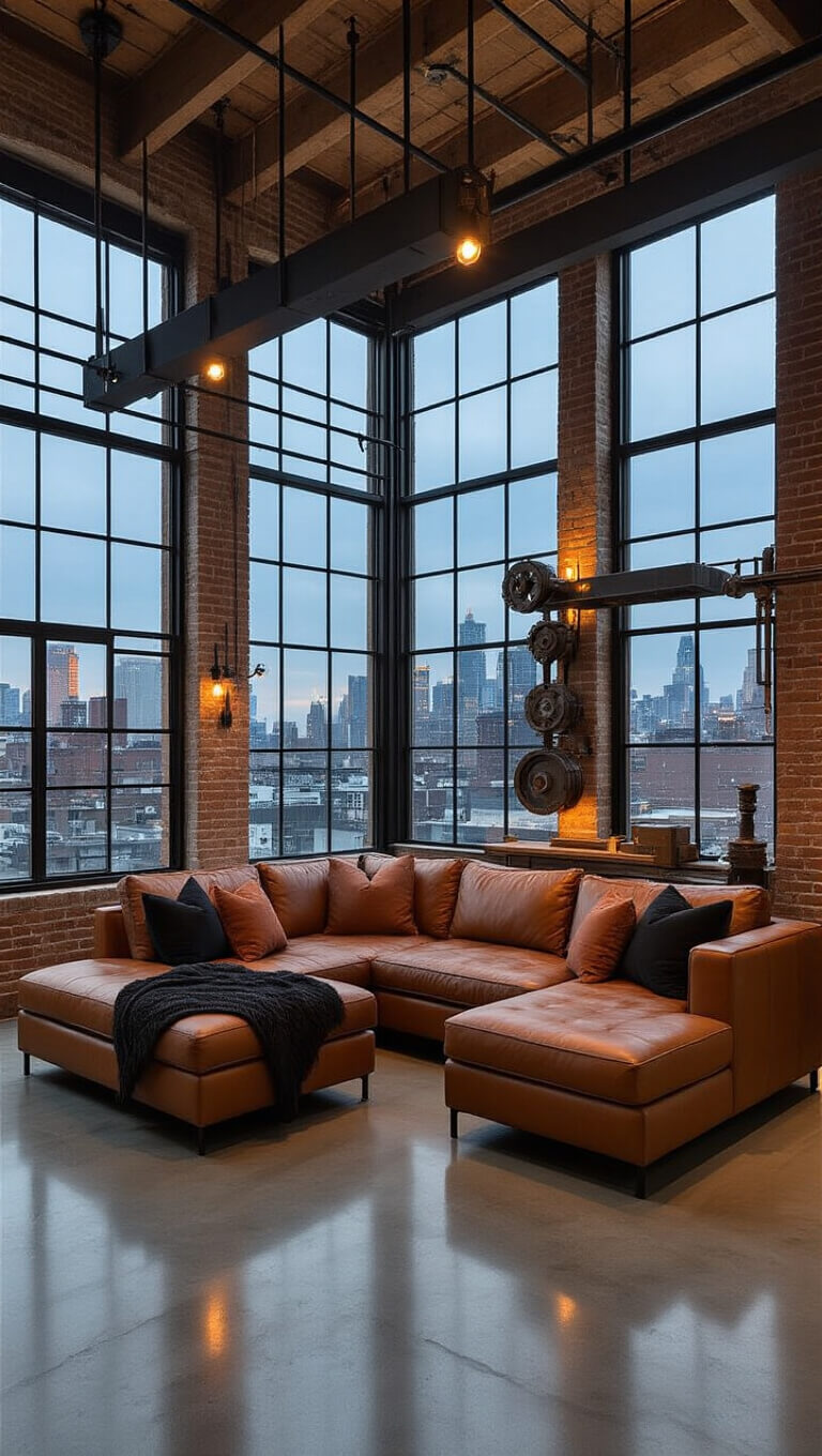 Moody industrial living space with leather sectional, floor-to-ceiling windows, concrete floors, and metal pipe lighting.