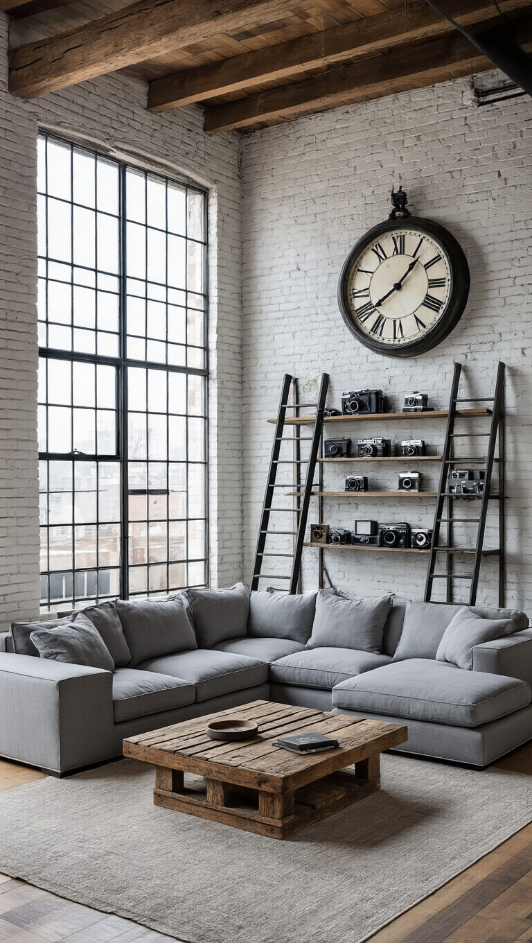 Elevated view of a corner living room with whitewashed brick walls, exposed wooden beams, grey linen sectional, spool coffee table, vintage decor, and industrial windows filtering morning light.