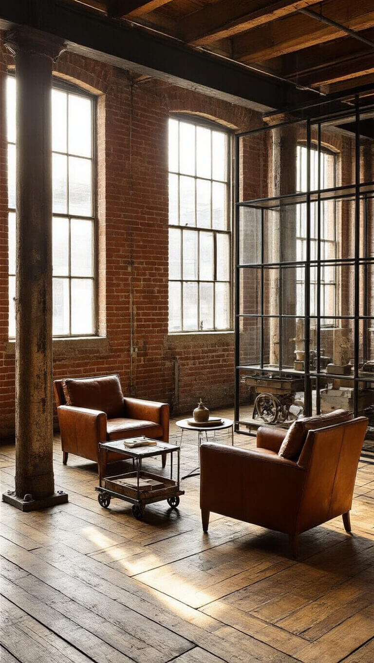 Converted warehouse living room with brick walls, timber columns, mid-century leather chairs, metal side tables, vintage cart, and steel-glass divider in warm afternoon light.