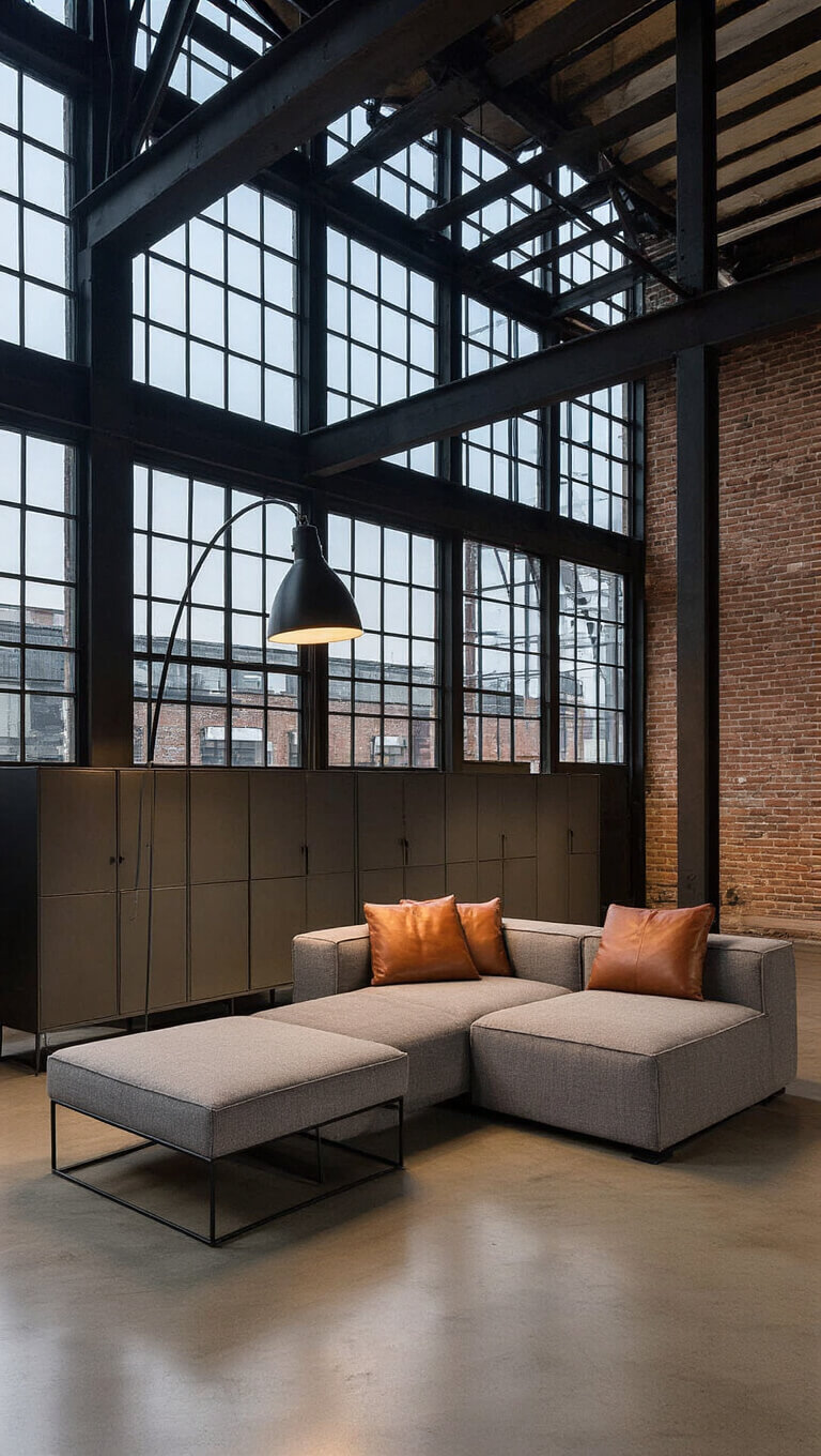Contemporary industrial living room with concrete floors, exposed steel trusses, modular grey sofa, vintage storage media console, and dramatic dusk lighting through gridded windows.