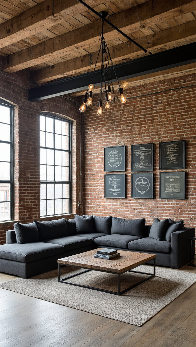 Urban loft living room with brick walls, timber beams, factory windows, charcoal sectional, reclaimed wood coffee table, and vintage patent gallery wall.