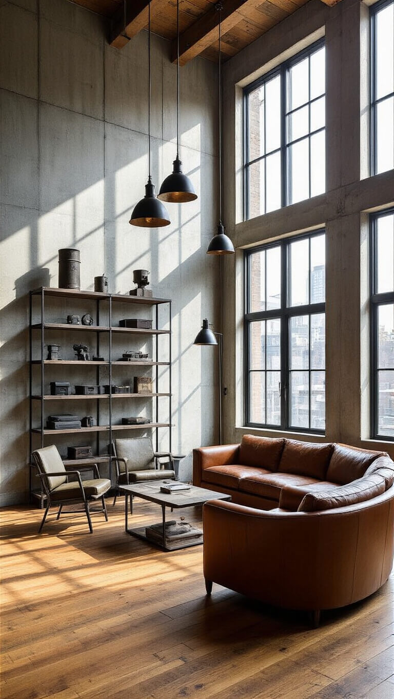 Industrial chic living room with concrete walls, maple floors, curved leather sofa, vintage chairs, and dramatic afternoon shadows through steel-framed windows.