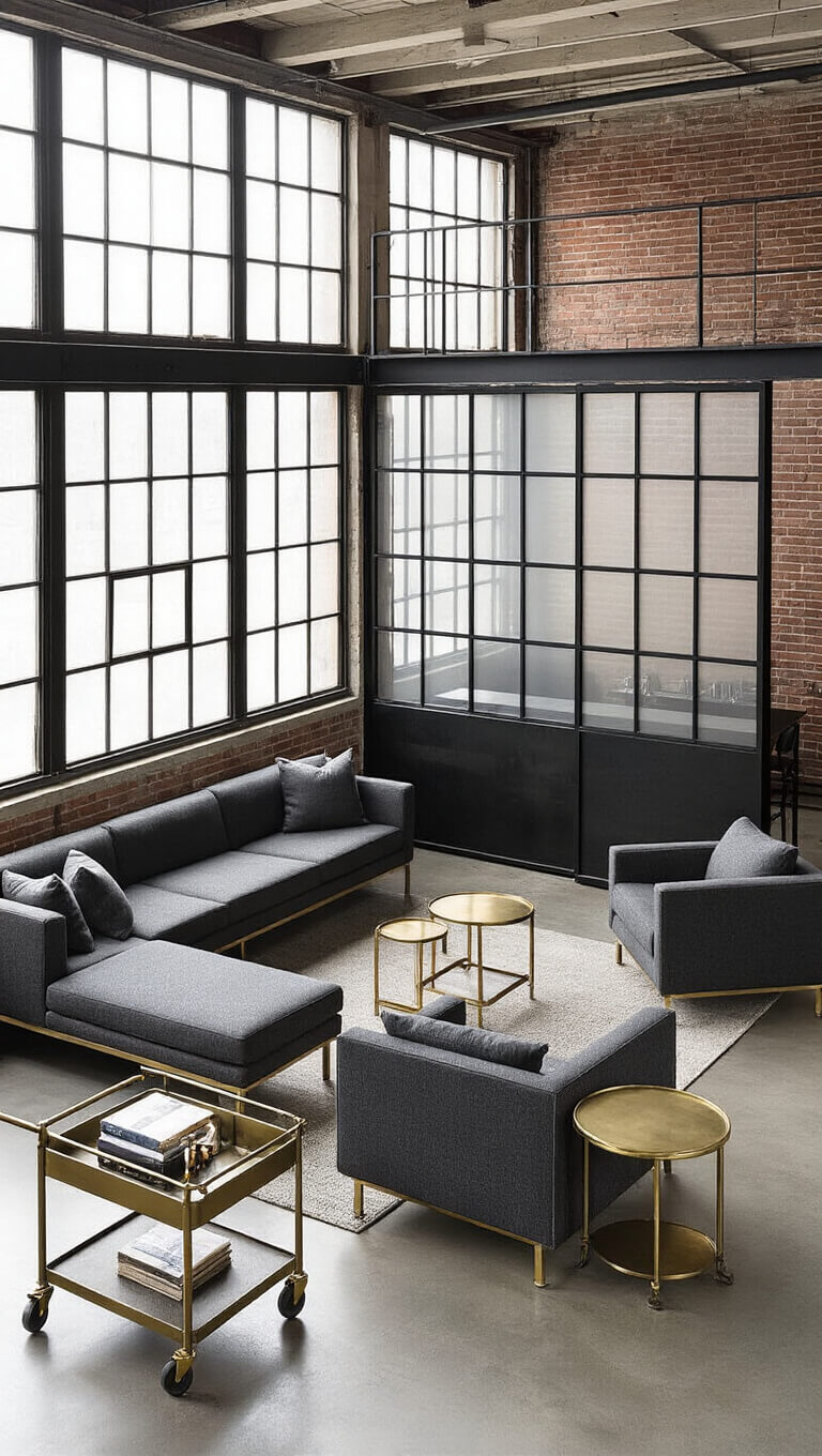 Industrial open-concept living area with matte black exposed ducts, modular charcoal seating, brass tables, vintage cart bar, and steel-glass divider under soft natural light.