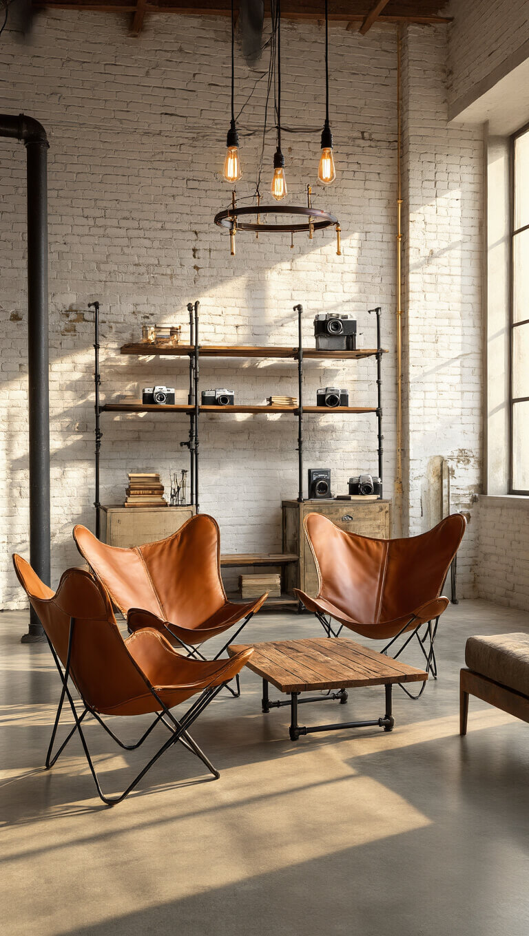 Cozy industrial living room with whitewashed brick, steel columns, leather chairs, and warm golden hour lighting.