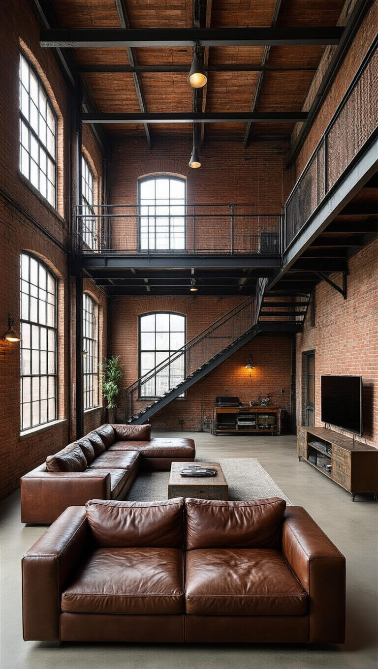 Industrial loft with brick walls, large factory windows, leather sectional, and steel catwalk viewed from mezzanine level.