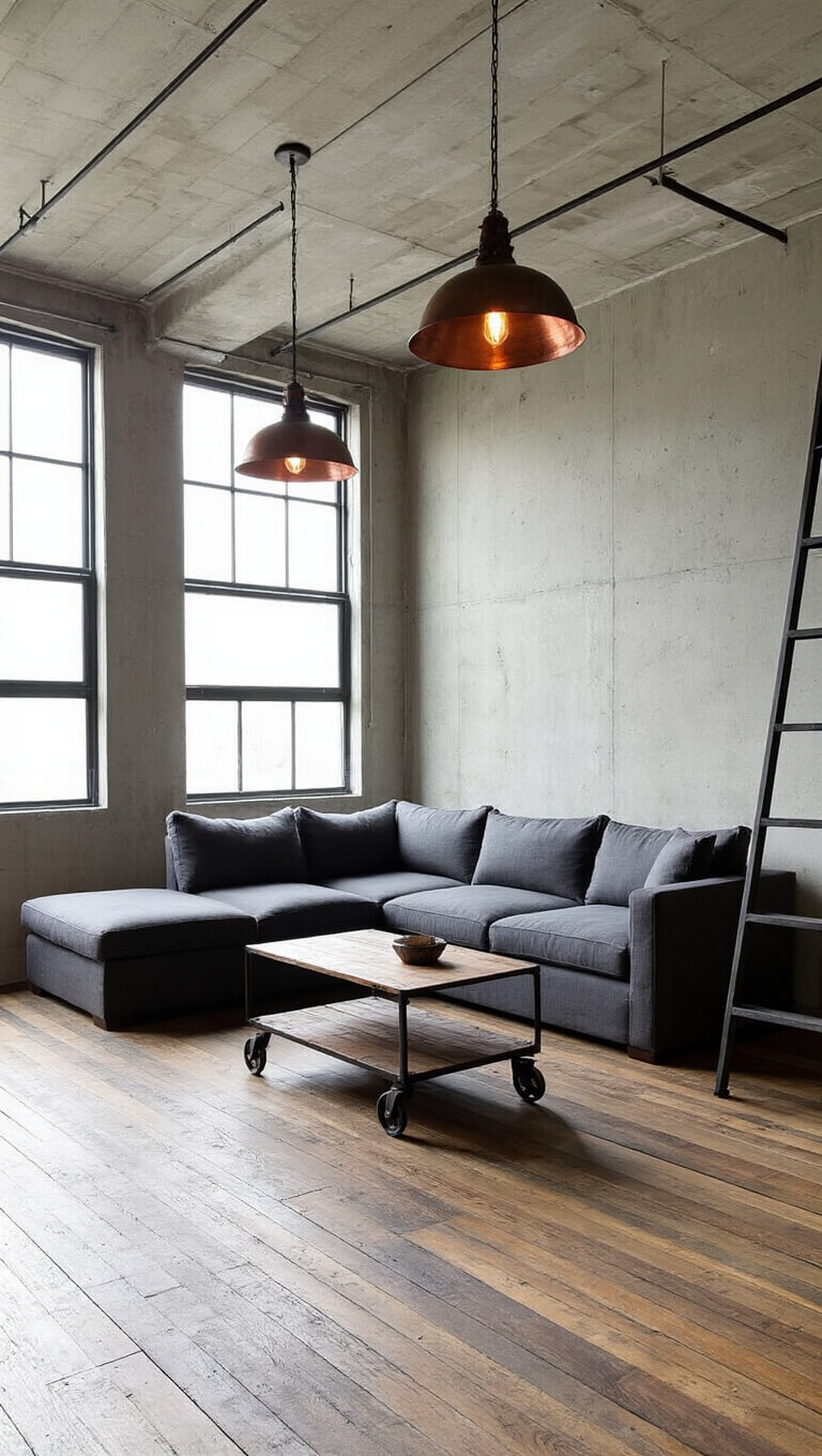 Modern industrial living room with concrete walls, reclaimed wood floors, charcoal sectional, vintage trolley coffee table, and steel-framed windows streaming morning light.